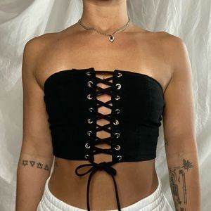 strapless Black tie front crop top